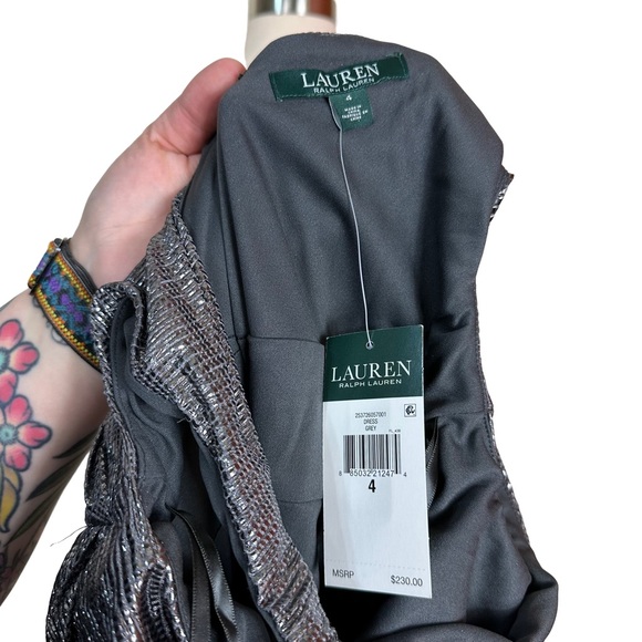 Lauren Ralph Lauren Silver Metallic Gray Sleeveless High Neck Cocktail Gown NWT - Picture 11 of 13